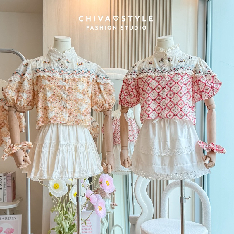 -𝐂𝐡𝐢𝐯𝐚- พร้อมส่ง เสื้อแขนตุ๊กตาทรงครอปงานปัก + โดนัทมัดผม