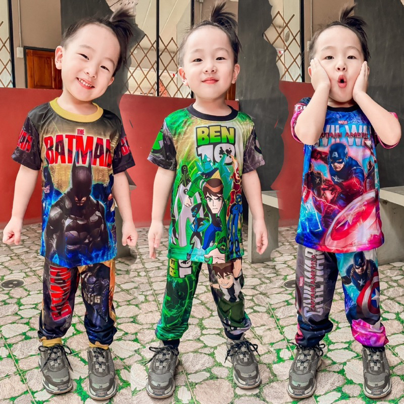 ชุดเซ็ทรุ่นสายฟ้า เสื้อแขนสั้น+กางเกงขายาว ชุดเด็ก ลายซุปเปอร์ฮีโร่ ผ้าไมโครไฟเบอร์ ปลายขาจั๊ม