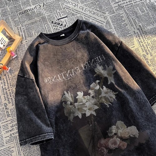 （จัดส่งตลอด 24 ชั่วโมง）เสื้อยืดฟอก oversized t shirt เสื้อสีฟอก ผ้าฝ้าย 100% โอเวอร์ไซซ์ สีดําเข้ม เรโทร สําหรับผู้หญิง