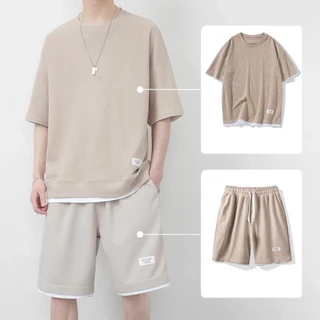 (ใหม่/T402#）พร้อมส่ง ชุดเซทชาย（เสื้อ+ขาสั้น）เนื้อผ้าฝ้าย ใส่เเล้วดูเเท่