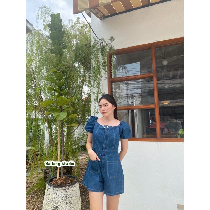 จั้มกางเกงยีนส์ขาสั้น ใส่ได้2แบบปาดไหล่ ไม่ปาดไหล่ S-2XL