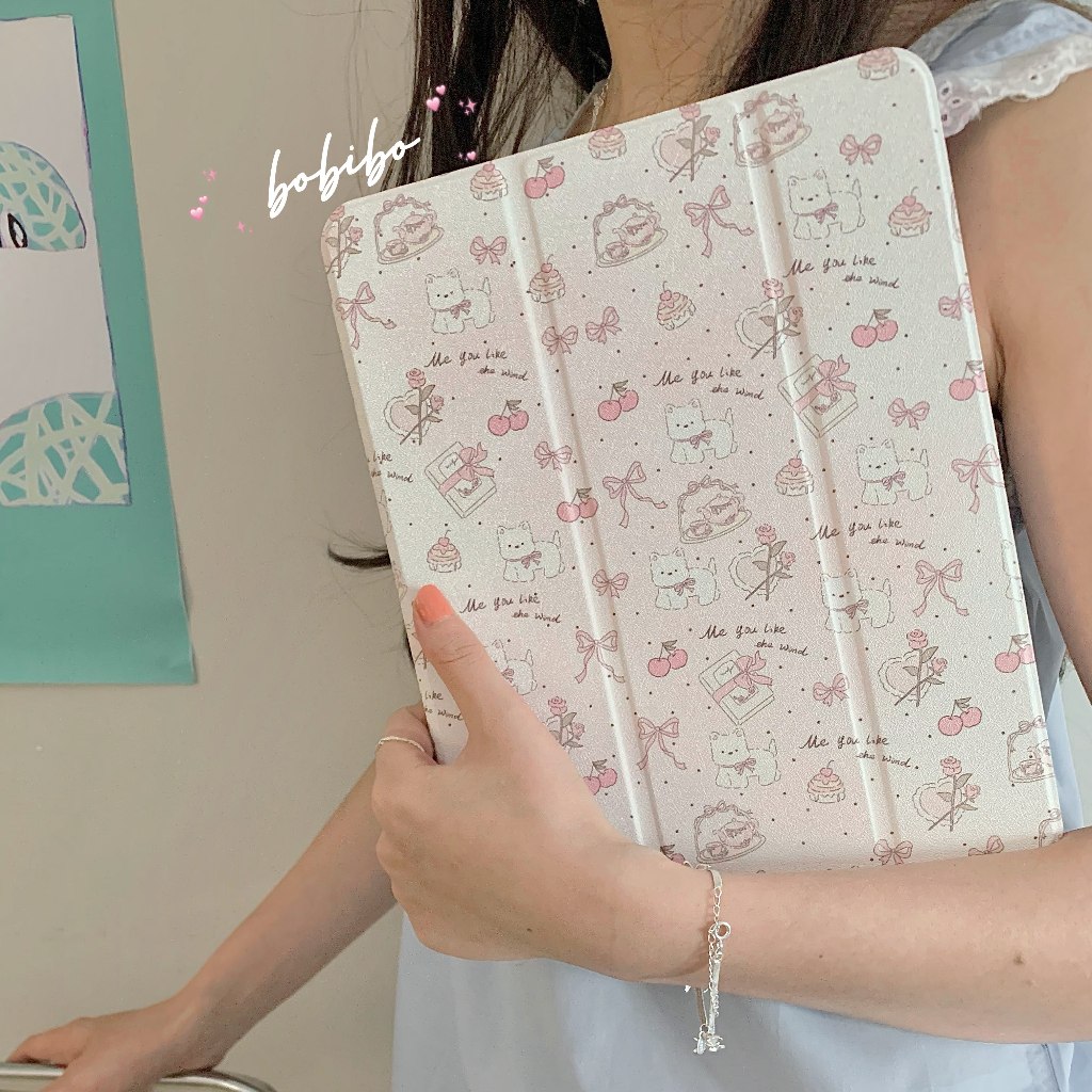 เคสไอแพด air6 gen9 Air4/5 10.9 ช่องใส่ปากกาขว cherry puppy เคส ipad Pro 2024 Mirror ครีมขาว Case
