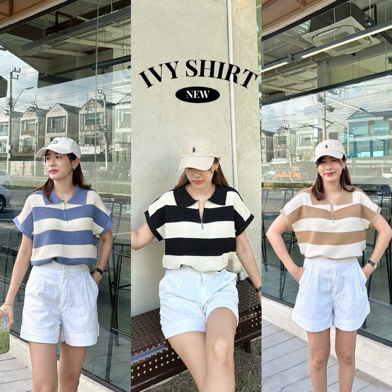 𝐈𝐕𝐘 𝐒𝐇𝐈𝐑𝐓 เสื้อเชิ้ตไหมพรม คอปกแต่งซิปใช้งานได้จจริง ทรงแขนปาด