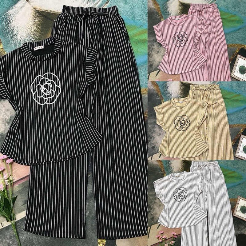 IVชุดเซตเสื้อลายริ้วสกีนกุหลาบ+กางเกงขายาวผ้าท็อฟฟี่ (ป้ายIvyshop)