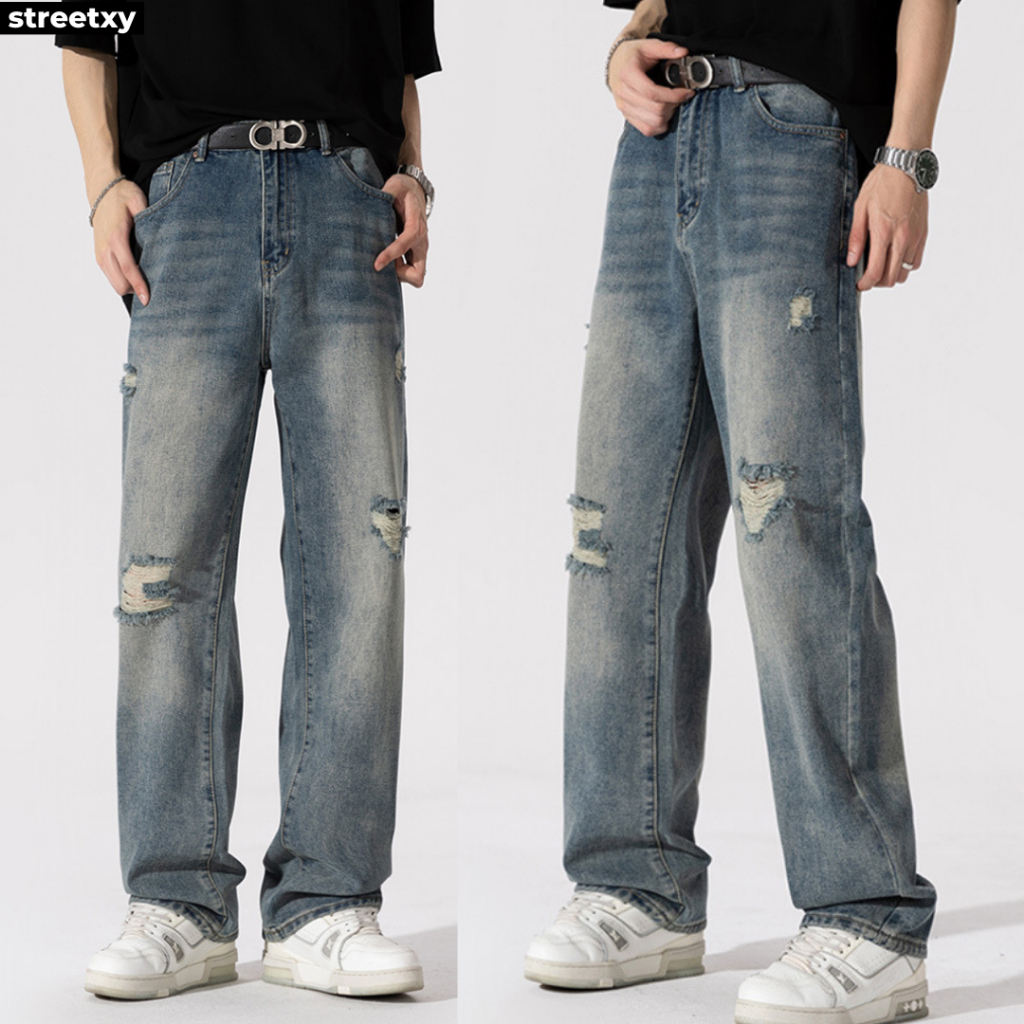 STREETXY กางเกงยีนส์เข่าขาดสีวินเทจ PAIN JEANS