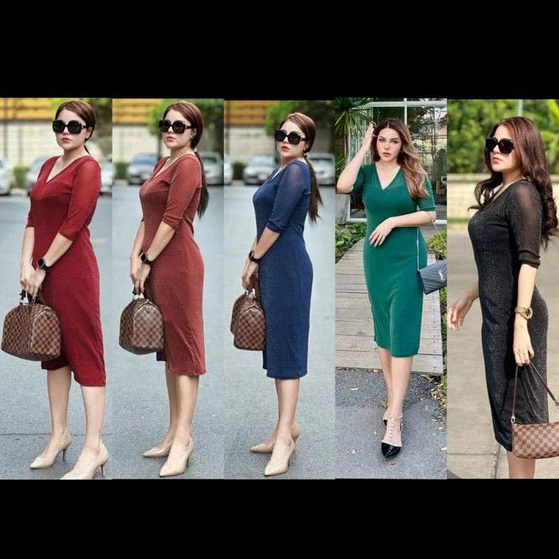 Dress12 แม่ฟอง ชุดเดรสซีทรูเนื้อผ้าวิ้ง แขนศอก เดรสสาวอวบ ขนาดฟรีไซส์