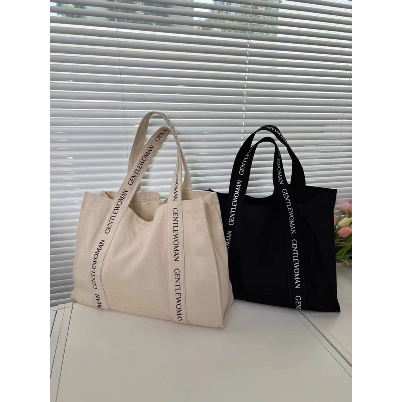 กระเป๋าถือ ผ้าแคนวาส ทรงโท้ท ขนาดใหญ่ จุของได้เยอะ(สีดำสายสีขาว)