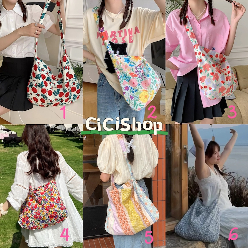 Cicishop(SALE D259)กระเป๋าผ้าพิมพ์ลายน่ารักหวานๆ ใบใหญ่ คล้องไหล่หรือพาดไหล่ สไตล์ชิวๆ