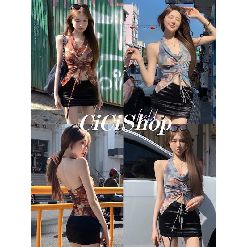 Cicishop(D0255)เสื้อซีทรูพิมพ์ลาย คล้องคอ โชว์หลังเซ็กซี่ สายรูดด้านหน้าเพิ่มความฮอต