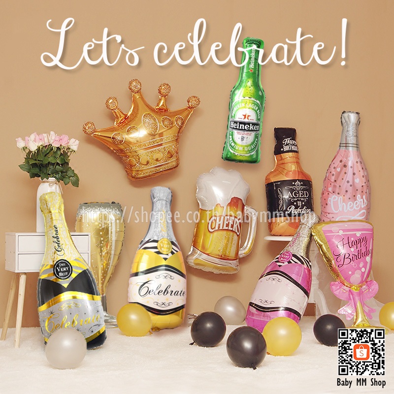 ลูกโป่งฟอยล์ขวดและแก้วแชมเปญ ขวดวิสกี้ แก้วเบียร์