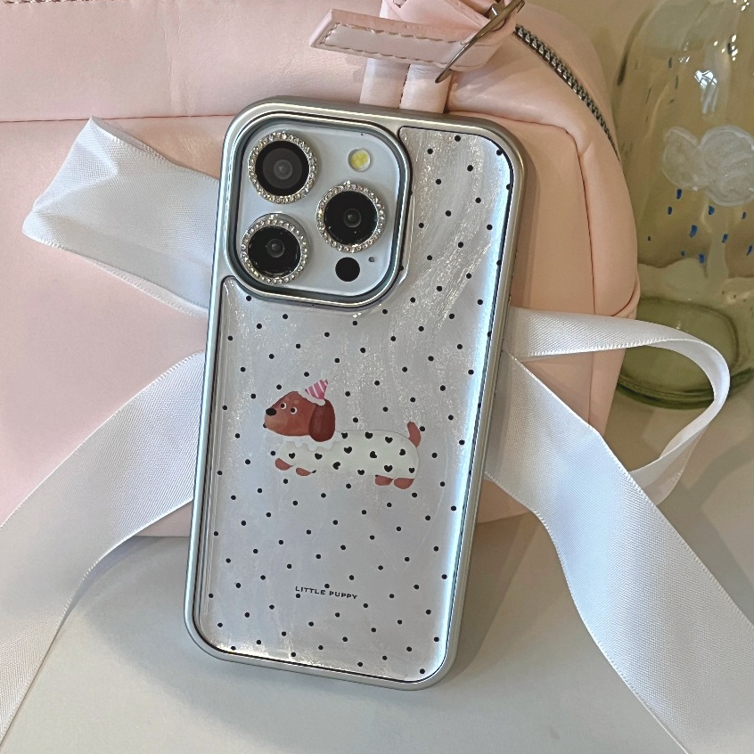 จัดส่งภายใน24ชม ลายจุด สีเงิน เคสไอโฟน 15 14 13 12 Pro Max การ์ตูน ลูกสุนัข หวานสวย ป้องกันการหล่น Case for iPhone 15