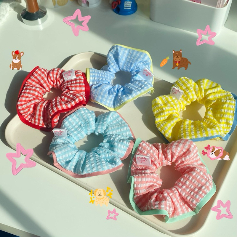 macarons scrunchies | ยางมัดผม ยางรัดผม ลายสก๊อต น่ารัก เกาหลี | muanjia.studio