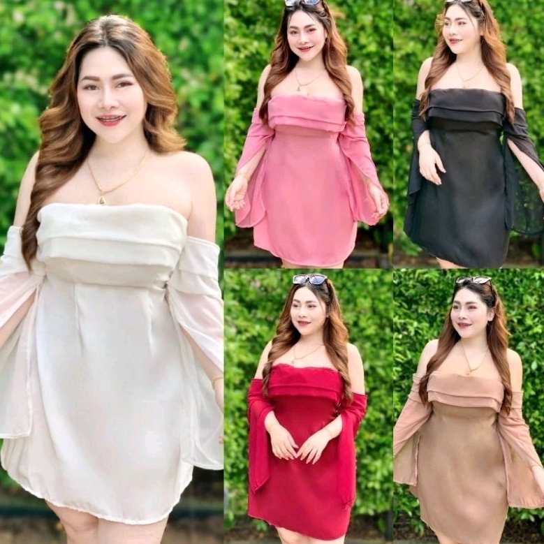 Z71 เดรสปาดไหล่สาวอวบผ้าซาร่าแขนชีฟอง อก38-44” เอว32-40” สพ.-48”
