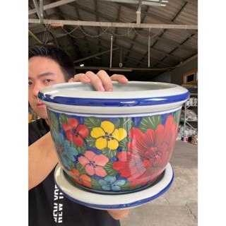 กระถางเซรามิคปากเรียบ ลายคราม ลายดอกวินเทจ (ไซต์ 8 นิ้ว) 100…