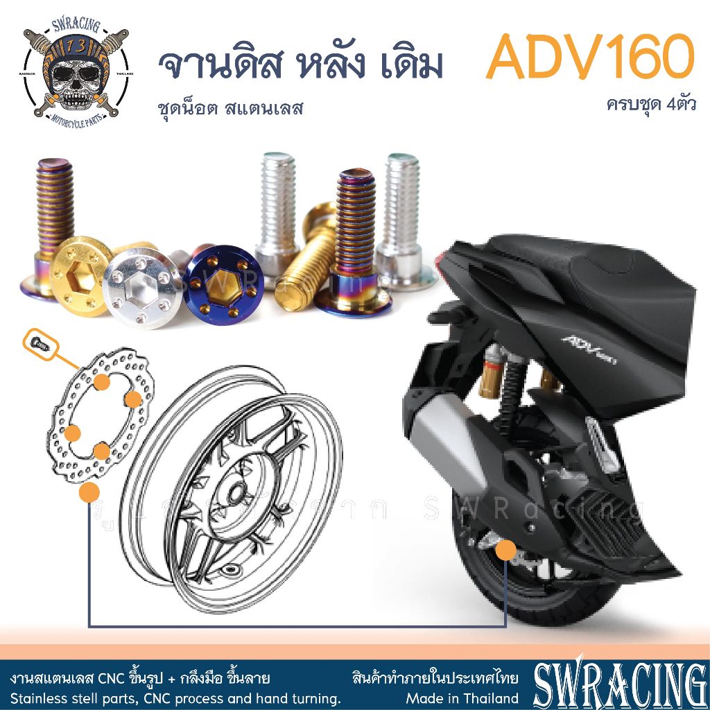 ADV160 น็อตเลส จานดิสหลัง เดิม ครบชุด 4 ตัว น็อตสแตนเลส ADV160 ราคาขายต่อ 1 ชุด งานเฮงสกรู