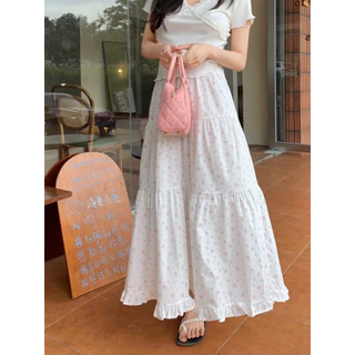 Cicishop(4013)กระโปรงยาวพิมพ์ลายดอกไม้/ลายจุด ชายระบาย มีซับใน เอวสม็อค สไตล์มินิมอลเกาหลี