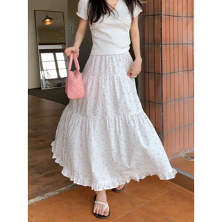 Cicishop(4013)กระโปรงยาวพิมพ์ลายดอกไม้/ลายจุด ชายระบาย มีซับใน เอวสม็อค สไตล์มินิมอลเกาหลี