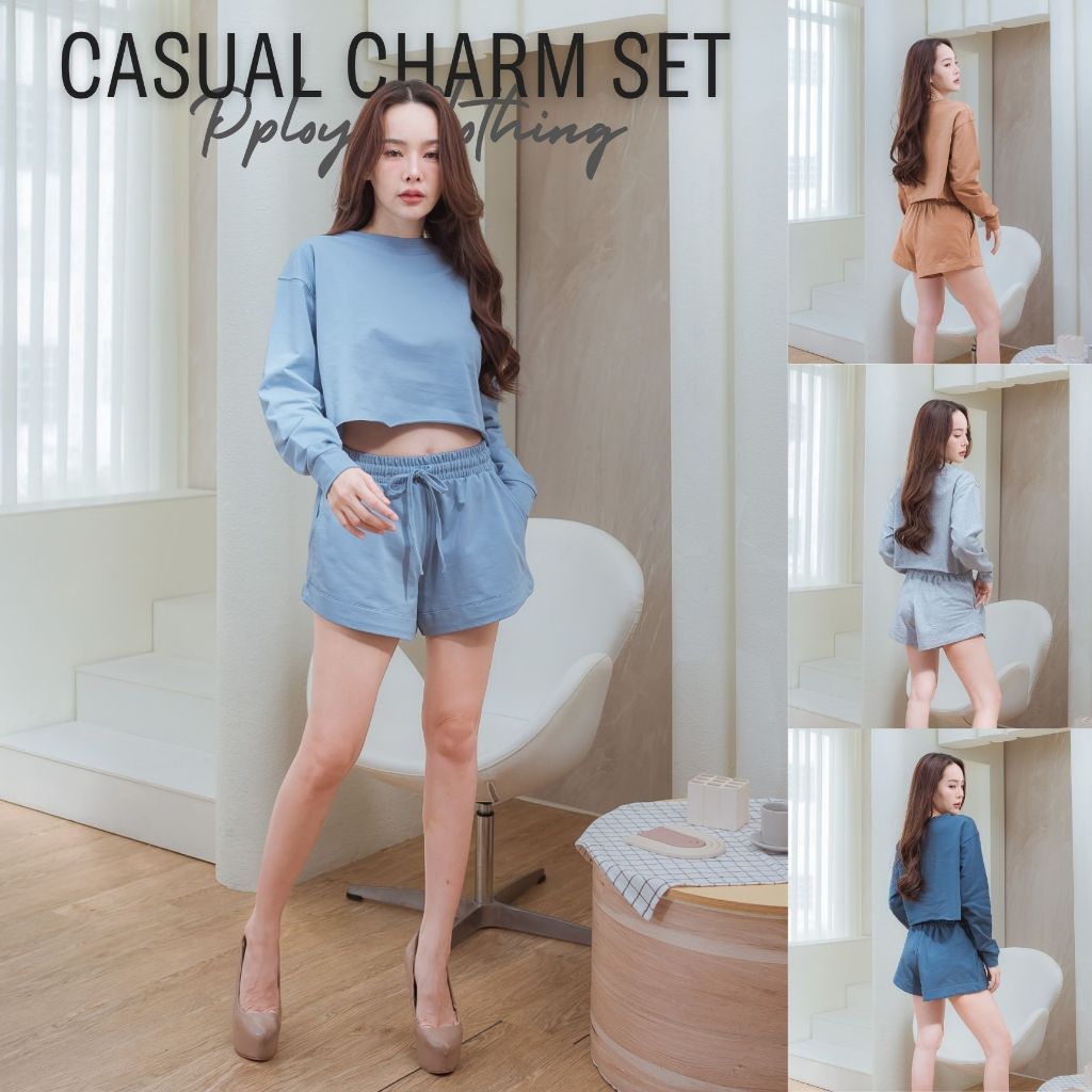 [ ส่งฟรี ชุดเซต🔥 ] Pploy Clothing เสื้อครอป + กางเกงขาสั้น เอวสม็อค ผ้านิ่มใส่สบาย การันตีผ้าดีมาก 🔥