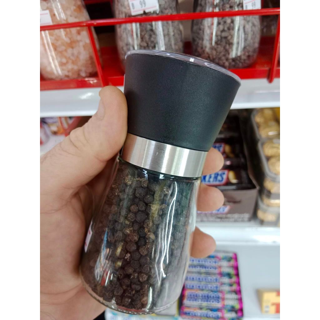 RED DOG Premium Black Peppercorns INCLUDING HIGH QUALITY STAINLESS STEEL & GLASS PEPPER GRINDER 100g