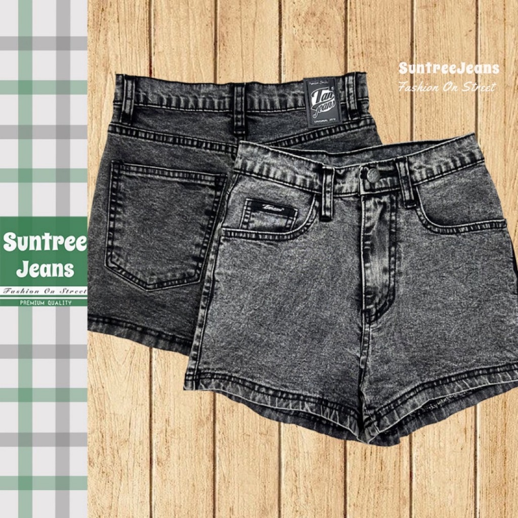 SuntreeJeans ขาสั้น ผ้ายืด เอวสูง ผู้หญิง ดำสโนว