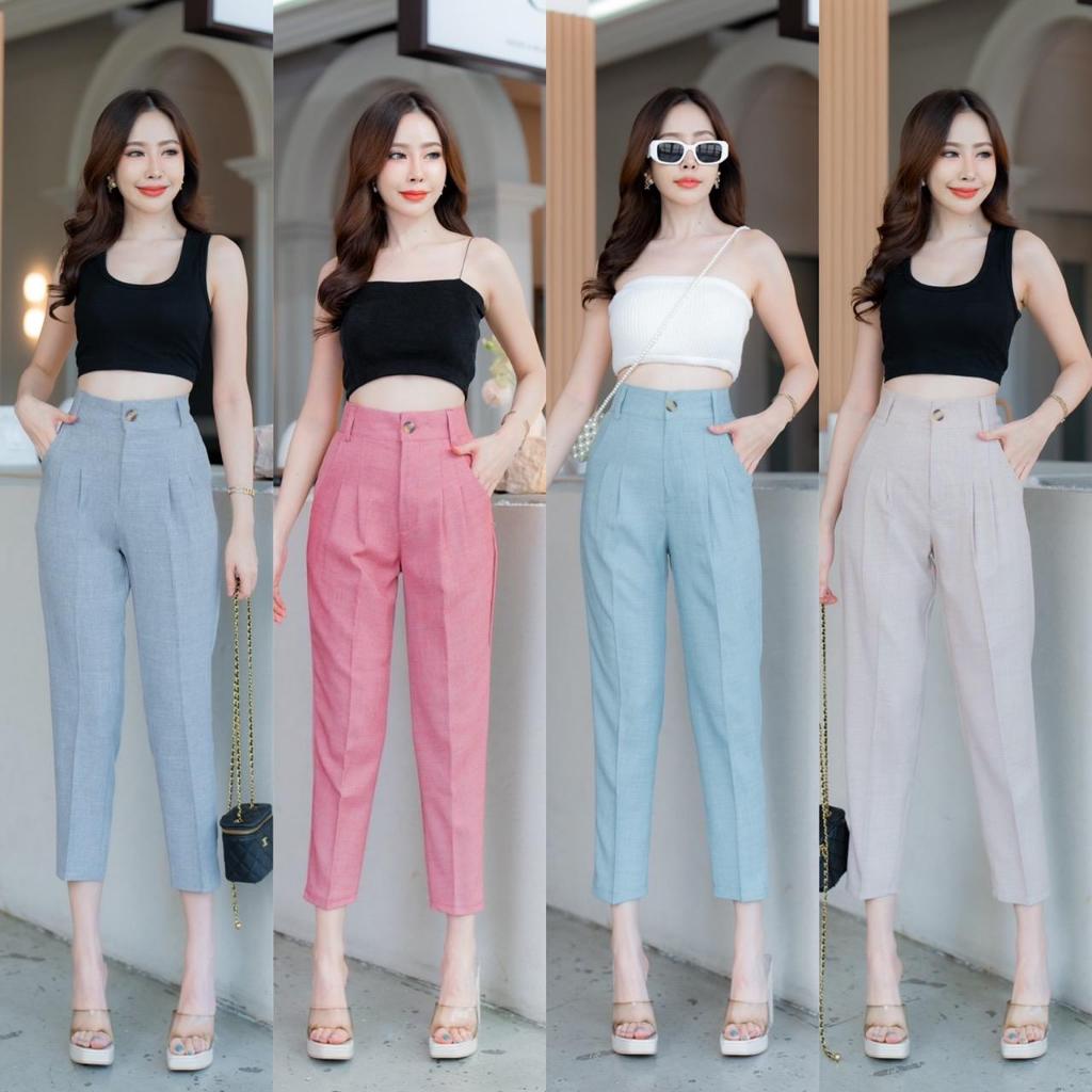 G49 กางเกงเอวสูง มีตั้งเเต่ไซส์ S - 7XL กางเกง 8ส่วน ทรงบอย กระดุมหน้า ซิปหน้า ผ้าฟอร์ร่า