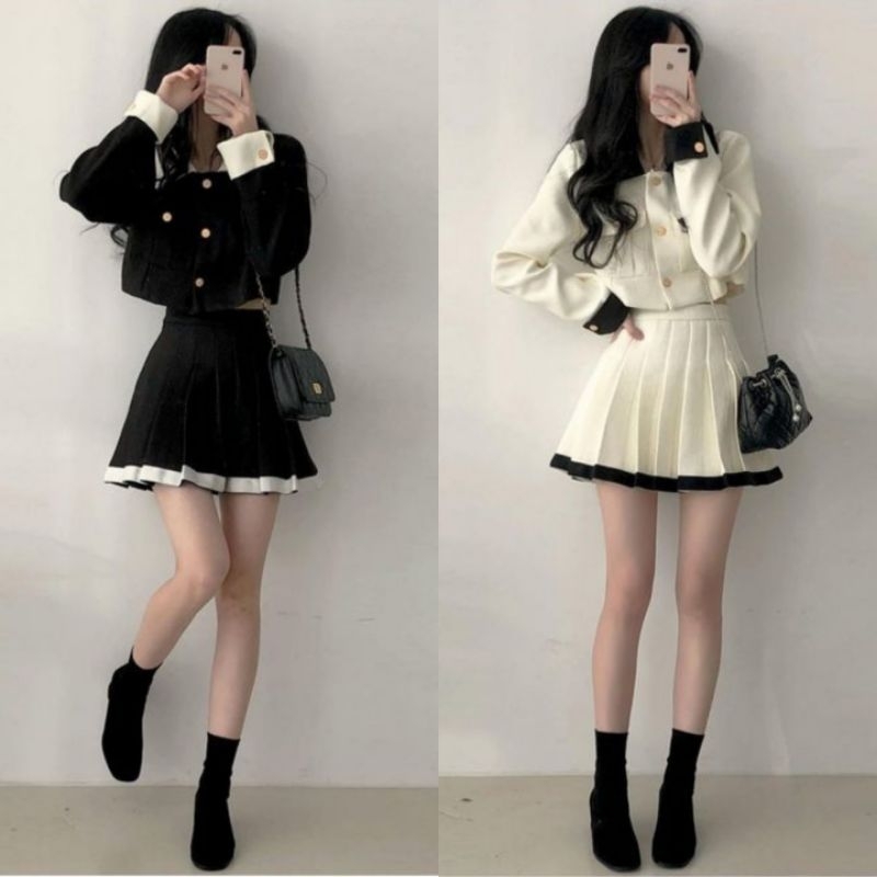 S094 ชุดเซ็ต2ชิ้น 2สี ขาวครีม ,ดำ เสื้อแขนยาวกับกระโปรงทรงเทนนิส