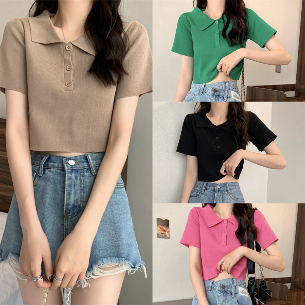 เสื้อยืดไหมพรมผู้หญิง คอปก สีลูกกวาด แขนสั้น สไตล์เกาหลี มี 6 สีให้เลือก