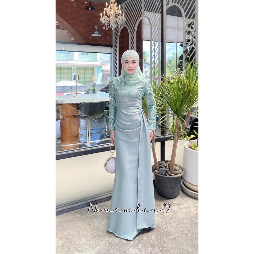 ชุดเดรสหางปลา แถมผ้าคลุมสีเข้าชุดให้นะคะ ชุดเดรสใส่ออกงาน ชุดเดรสมุสลิม รุ่นเฮเลนมุก ชุดใส่ออกงานทรงหางปลาเข้ารูป