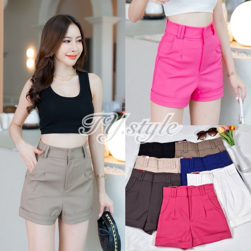 PT closets ♡ กางเกงขาสั้นเอวสูง ดีเทลขาเบิ้ล แต่ง 2 หู ซิปหน้าตะขอหน้า #TB019