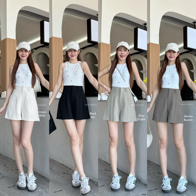 กางเกงขาสั้นเอวสูง แต่งจีบกดหูคู่ ( Lily shorts pants )