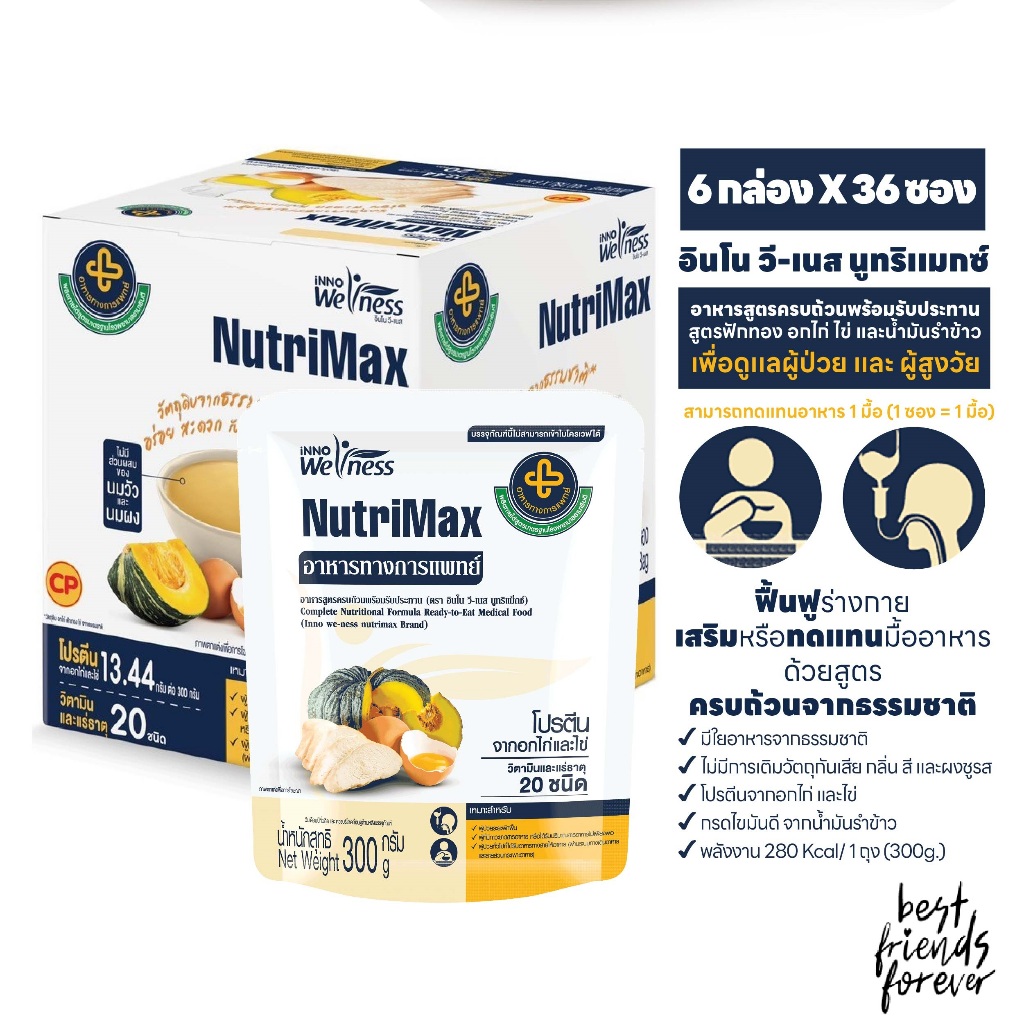 NutriMax นูทริแม๊กซ์ สูตรฟักทอง อกไก่ ไข่ และน้ำมันรำข้าว อาหารผู้ป่วยและสูงวัย (ยกกล่อง 36 ซอง)