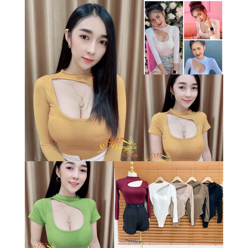 mnv_shop body suit บอดี้สูทแขนยาวโชว์อก(เสริมฟองน้ำ) ผ้าเรย่อน