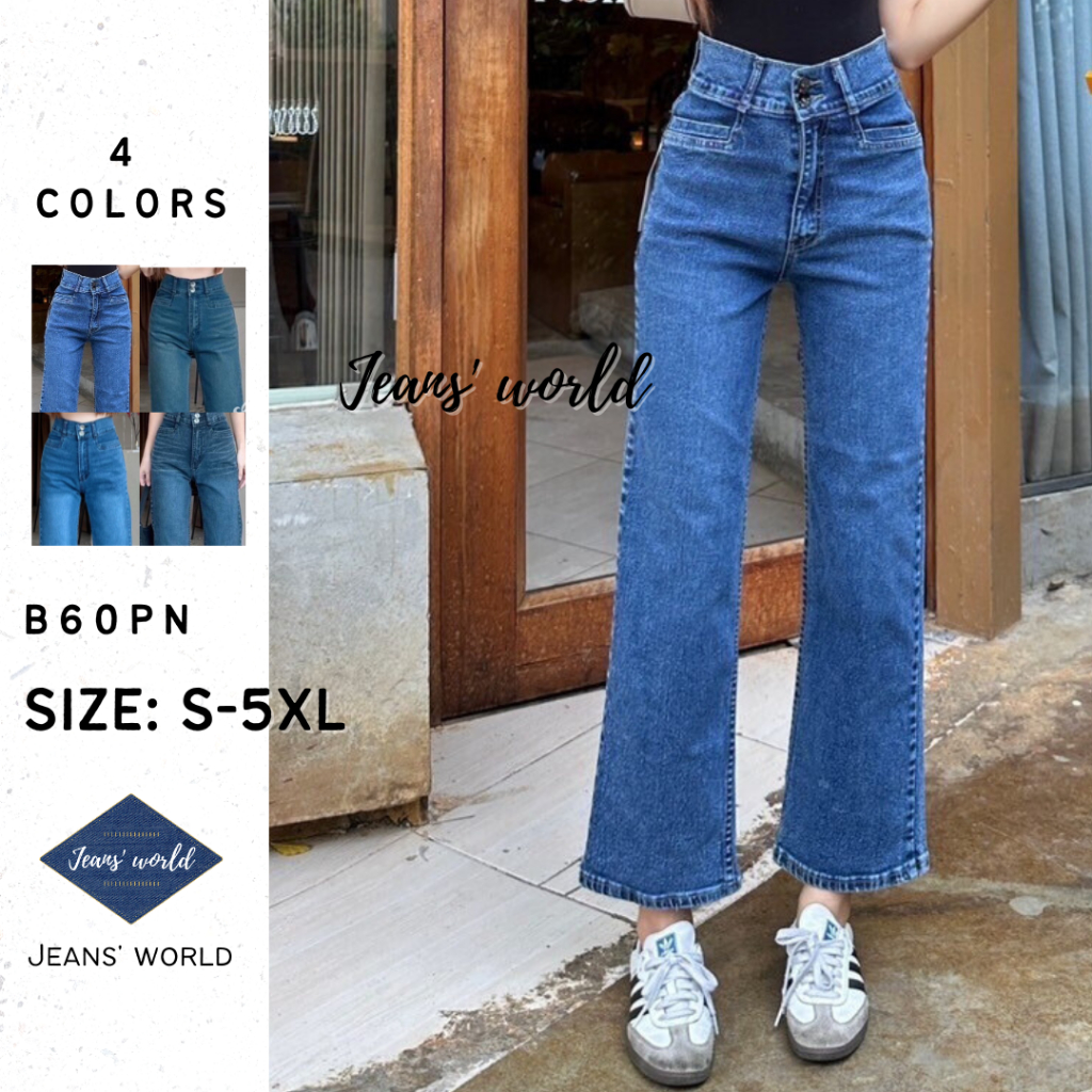 Jeans' world: B60PN [S-5XL] กางเกงยีนส์เอวสูง ทรงบอย ขาห้าส่วน ผ้ายืด มีไซส์เล็ก ไซส์ใหญ่ สาวอวบ คนอ้วน
