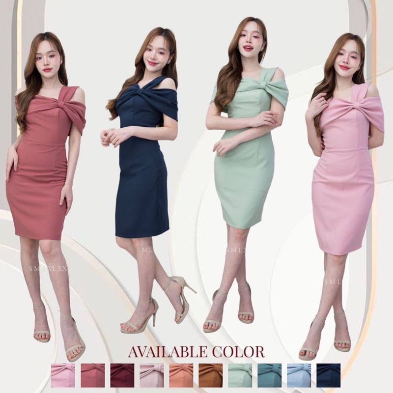 ชุดเดรส ชุดออกงาน ชุดราตรี F274 รวบโบว์ 3 แฉก