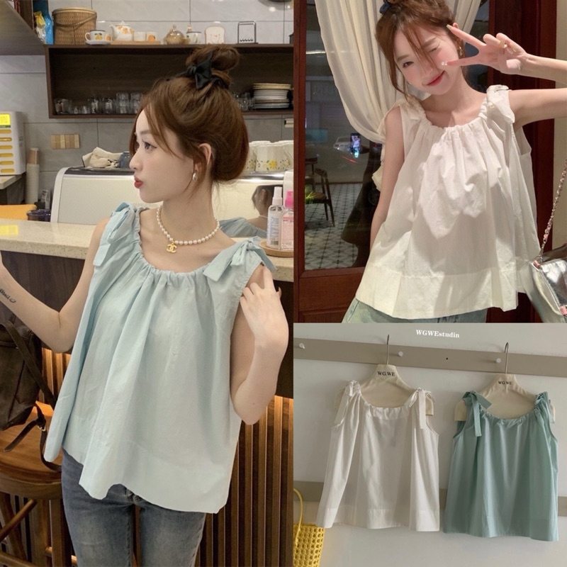 เสื้อคอยูมีเชือกรูดผูกโบว์ช่วงไหล่ ทรงใส่สบาย งานสวย TAG:WG.WE