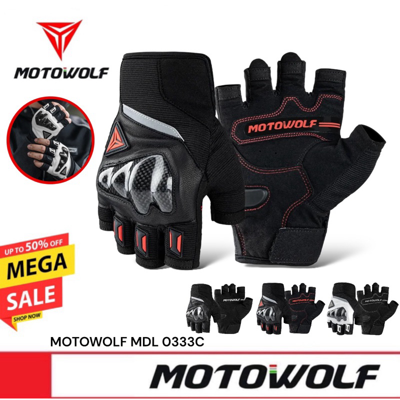 [ในไลฟ์มีโค้ดลด100.-]🔥MOTOWOLF MDL 0333C Racing Glove ถุงมือผ้าแบบครึ่งนิ้ว พร้อมการ์ดคาร์บอนเคฟล่า สำหรับขี่มอเตอร์ไซค์