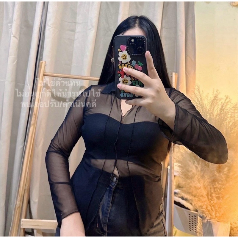 ท3 เสื้อซีทรูสีดำคอปกแต่งกุ้น : อก 32-44