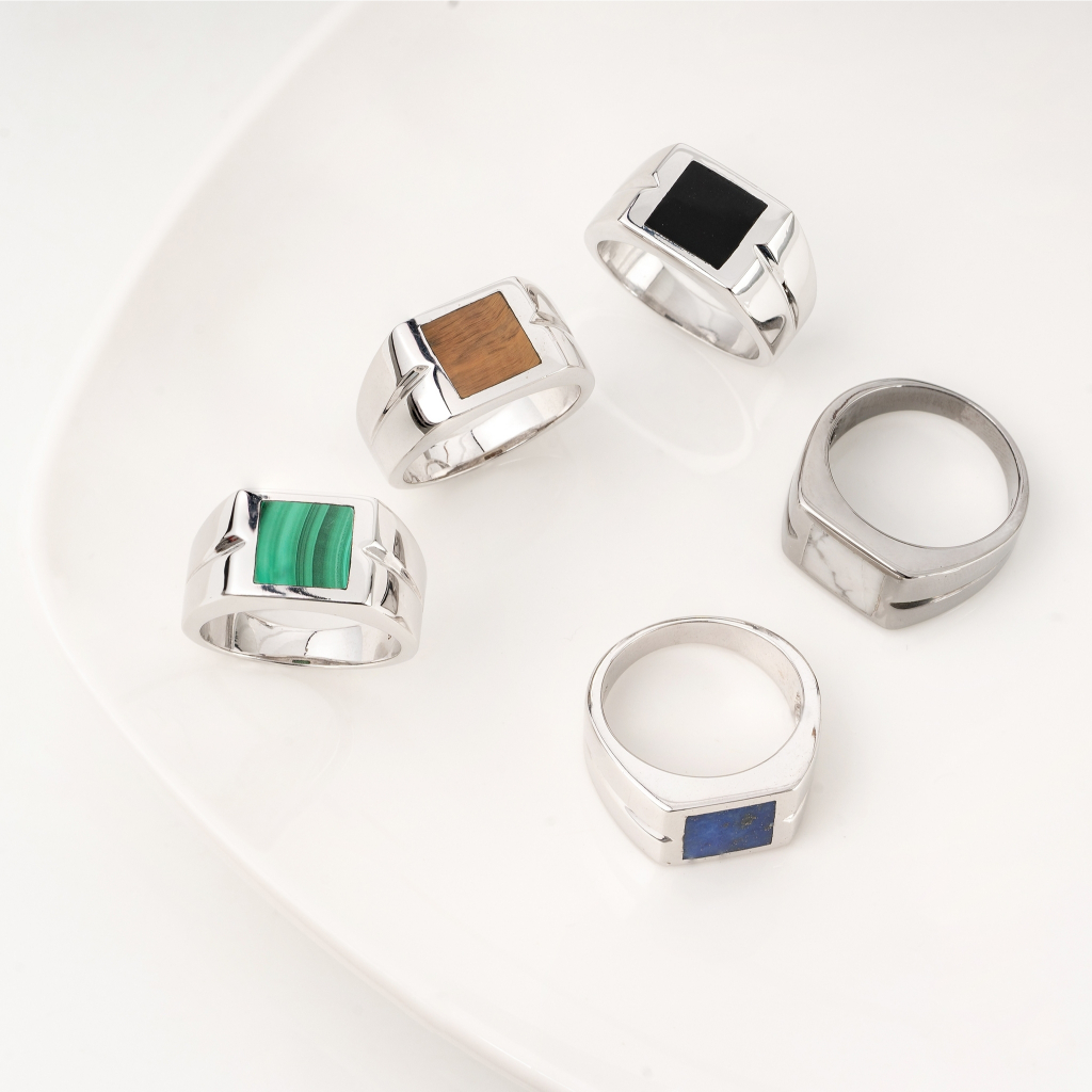 AR-Kang Collection** AKR462 แหวนหินแท้ Tiger Eye, Black Agate, Lapis, Malachite, White Howlite เงินแท้92.5% (แหวนผู้ชาย)