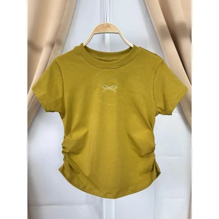 🌈SpinnyHouse🌈เสื้อครอปแต่งย่นข้าง ปักโบว์ช่วงอก BABY TEE 😻 ผ้ายูนิโคล่ยืดตามตัว รุ่น ตาแป๋ว B-010-3-A
