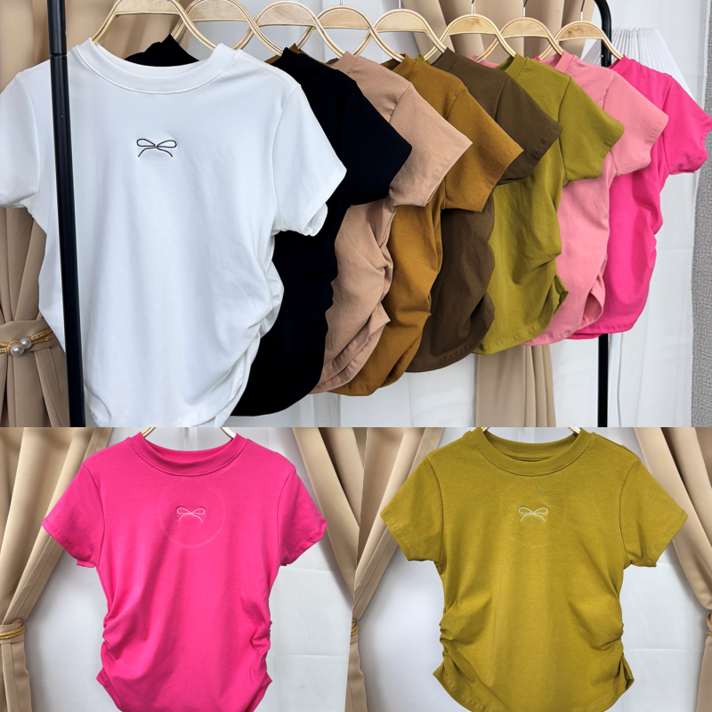 เสื้อครอปแต่งย่นข้าง ปักโบว์ช่วงอก BABY TEE 😻 ผ้ายูนิโคล่ยืดตามตัว ทรงน่ารัดใส่ได้ทุกวัน รุ่น ตาแป๋ว