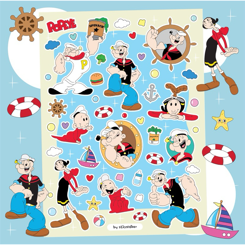สติกเกอร์ pvc ลาย Popeye สติกเกอร์ไดคัทพร้อมติด (ลงเรซิ่นทับได้) สีสวยคมชัด ไม่มีคราบกาว