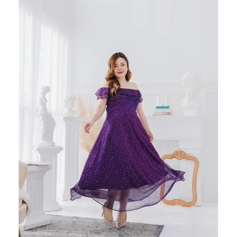 BBWshopเดรสม่วงอัดพลีท