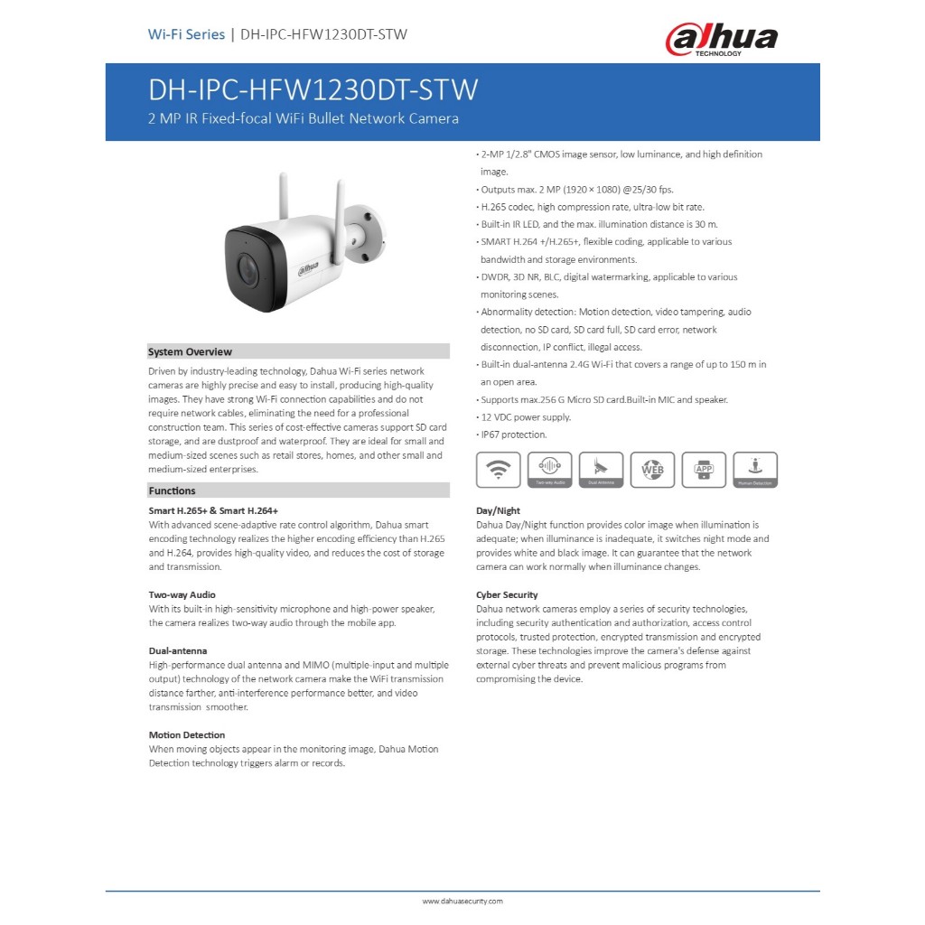 Dahua กล้องวงจรปิด 2MP Wi-Fi พูดคุยโต้ตอบได้ รุ่น IPC-HFW1230DT-STW - แบบเลือกซื้อ