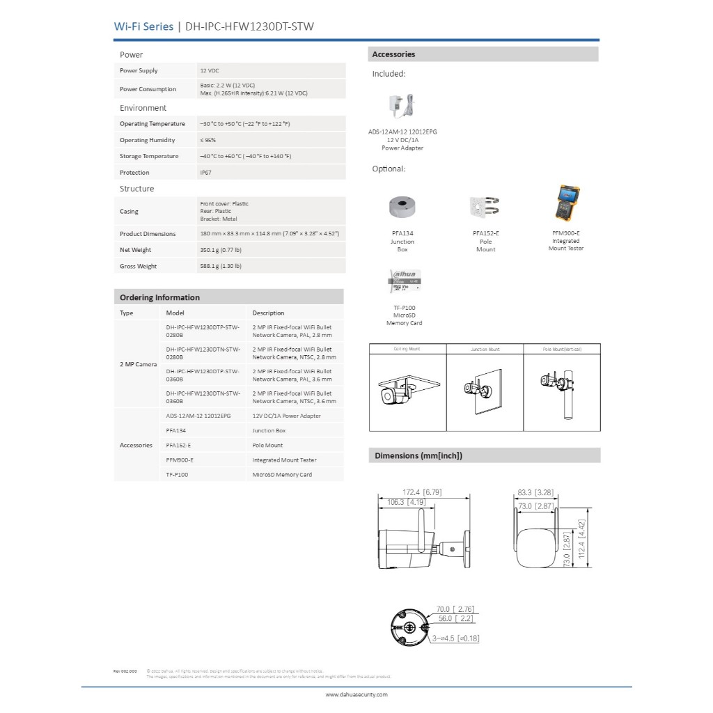 Dahua กล้องวงจรปิด 2MP Wi-Fi พูดคุยโต้ตอบได้ รุ่น IPC-HFW1230DT-STW - แบบเลือกซื้อ