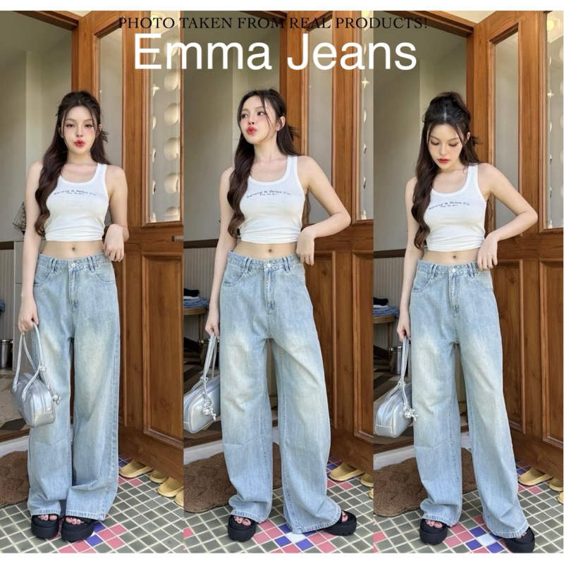 Emma Jeans กางเกงยีนส์ทรงกระบอกสีอ่อน ผ้าไม่ยืด ทรงสวยเอวสูง