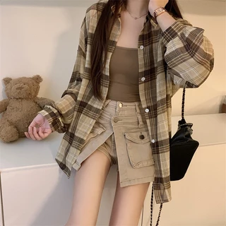 เสื้อเชิ้ตผู้หญิง แขนยาว เสื้อกันแดด oversize ผ้าเบาบาง ลายสก๊อต สไตส์เกาหลี