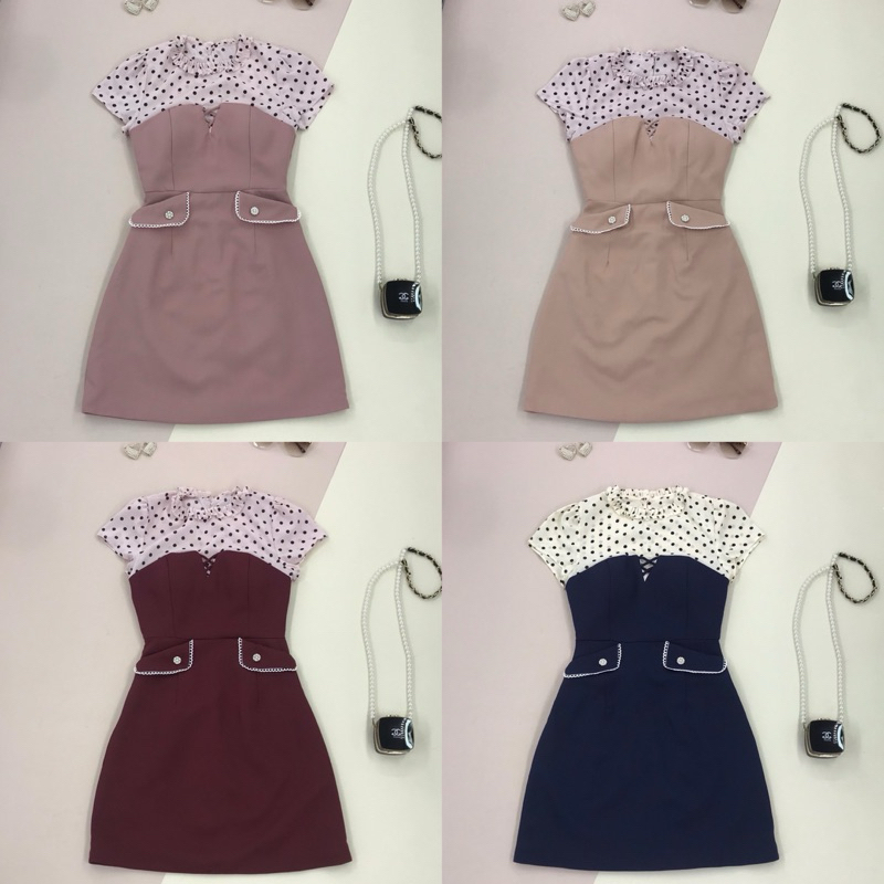 [LISA] A0421 ชุดเดรสกระโปรงแขนสั้นพิมพ์ลายจุดแต่งสายไขว้ช่วงอกกระเป๋าหน้า ใส่ออกงาน ใส่เที่ยว คาเฟ่ ทำงาน