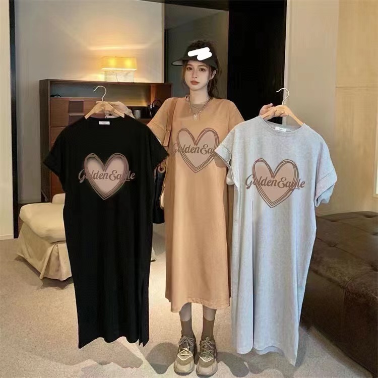 ชุดเดรสแฟชั่น เดรสยาว คอกลม แขนสั้น ผ้านิ่ม ทรงหลวม สวมใส่สบาย รุ่นA776