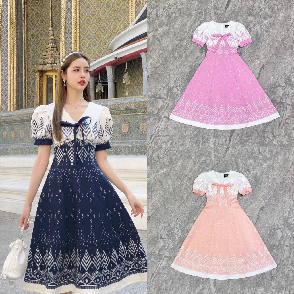 BLT BRAND SP335,SP310 การันตีเสื้อผ้าแบรนด์แท้ มินิเดรสชุดไทยสีกรม,ชมพู,ส้มพีช ตัดขาวแขนสั้น ความยาวกำลังดี