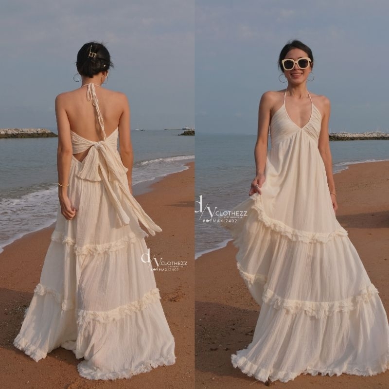 DYMAXI2402 เดรสผูกคอ ผูกโบว์หลัง งานตัดฝีมือคนไทย Product of Thailand